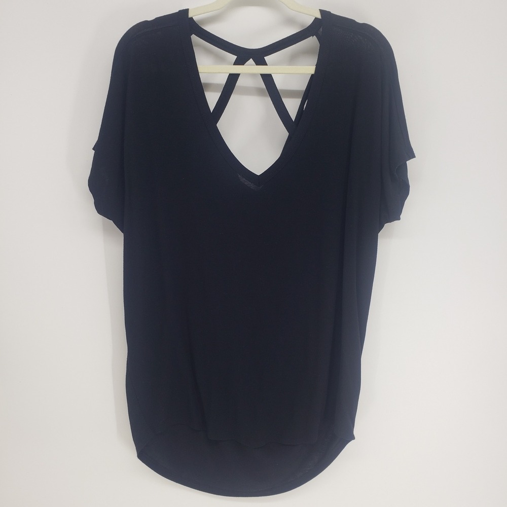 Express One Eleven Strappy Back Short Sleeve Top Women Medium Black High Low Hem